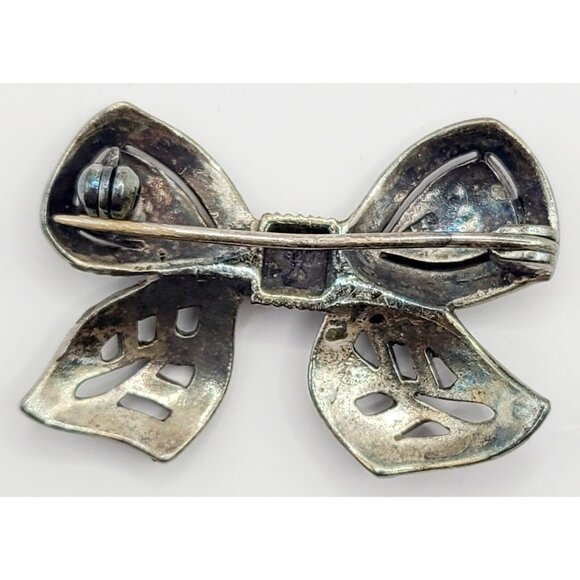 Sterling Silver 925 Brooch Pin Real Marcasite Ribbon Bow Vintage - Picture 2 of 5